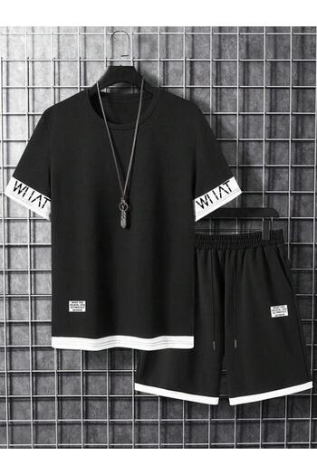 Benisengiydir Unisex Black Sleeve Detailed Printed Shorts Set