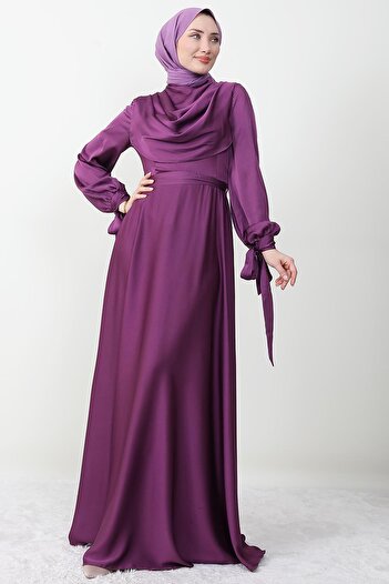 GİZ AGİYİM Sleeve Tied Degaje Evening Dress Purple