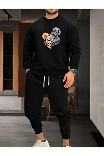 AEMİ Hanorac negru cu urs cu imprimeu și pantaloni de jogger pentru bărbați - Set de jos și de sus