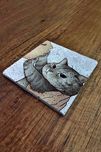 Begoloni Stone Decor Natural Stone Trivet 20X20Cm Naughty Cat Printed Stone Trivet Teapot Coaster - Pot Pan Coaster