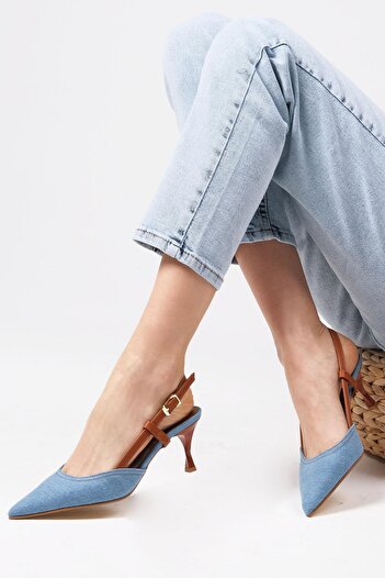Mio Gusto Alina Denim Fabric Open Back Heeled Women's Jeans Shoes