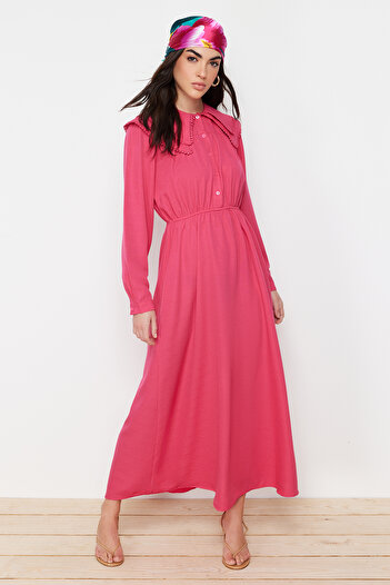 Trendyol Modest Φούξια υφασμένο λινό φόρεμα με γιακά μωρό TCTSS24EB00061