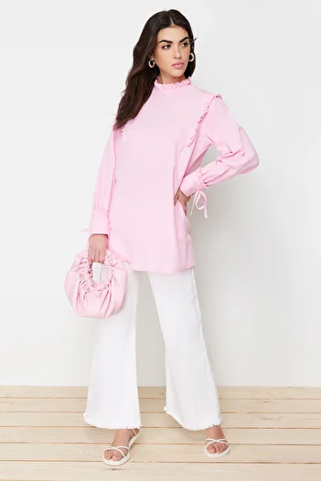 Trendyol Modest Pink Shoulder and Cuff Ruffle Woven Cotton Tunic TCTSS23UK00083