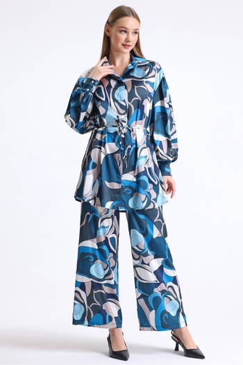 MD trend Women's Geometric Patterned Belted Wide Leg Trousers and Balloon Sleeve Tunic Bottom-Top Satin Set