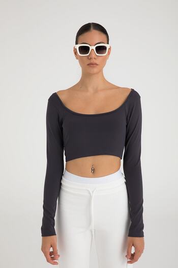 SHEISMONO Soft Touch Oval Collar Short Blouse Smoked