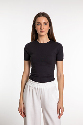 SHEISMONO Cotton Round Neck Short Sleeve Blouse Smoked