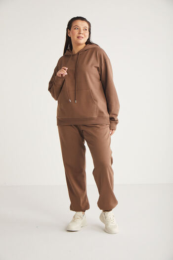 ETHIQUET Γυναικείο παντελόνι Fleece Comfort Fit Lenkabb με ελαστική μέση και πόδι σε καφέ μεγάλο μέγεθος