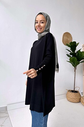 Ka Hijab Sleeve Detail Mercerized Tunic - Black