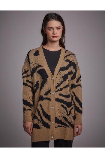 Kayra Abstract Pattern Premium Knitwear Cardigan Black-White