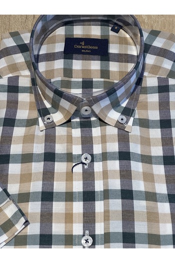 Daniel Bessi Short Sleeve Regular Fit Beige Checked Green Classic Men's Shirt with Pockets