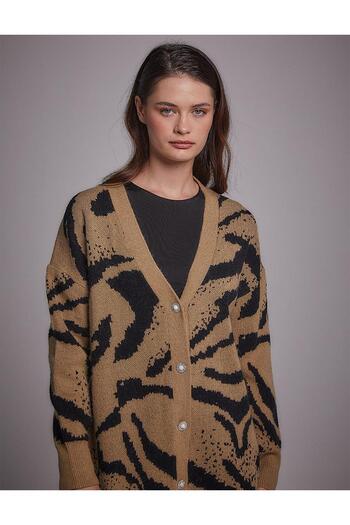 Kayra Abstract Pattern Premium Knitwear Cardigan Black-White