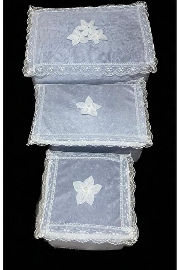 Çt Çeyizci Tekstil Velvet Dowry Bag Set of 3, Bridal Bag Set of 3, Bridal Bag Set, Velvet Engagement Bag Set - Gray