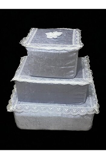 Çt Çeyizci Tekstil Velvet Dowry Bag Set of 3, Bridal Bag Set of 3, Bridal Bag Set, Velvet Engagement Bag Set - Gray