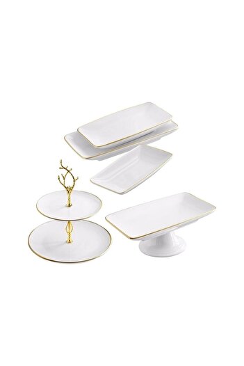 Mabeyn 5 Piece Ceramic White Gold Cake Serving Presentation Plate Set