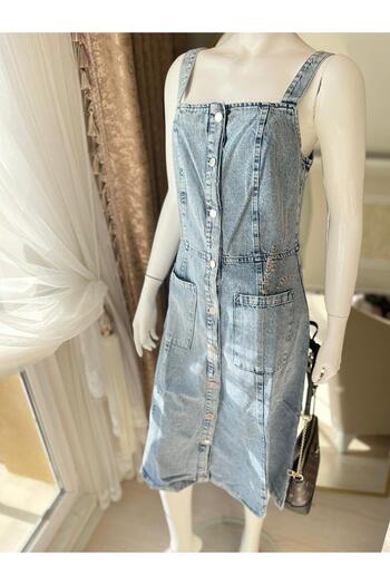gül sezgin butik Denimare Kadın Boydan Düğmeli Cepli Askılı Midi Boy Denim Elbise