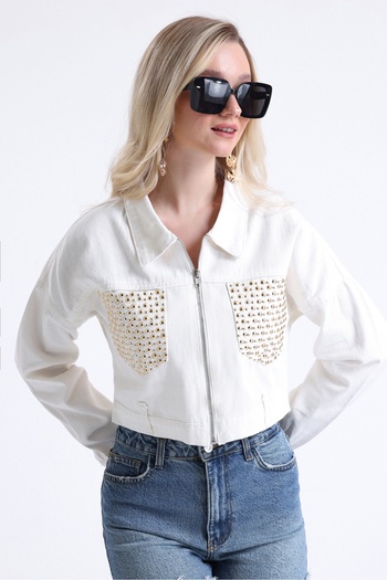 MD trend Women's Double Pocket Staple Detailed Zippered Crop Denim Jacket