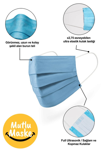 Mutlu Maske Meltblown Filtreli Yumuşak Lastikli 3 Katlı Telli Mavi Renkli Tek Kullanımlık Cerrahi Maske 50'li
