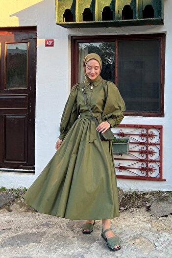 Ceylan Otantik Khaki Koton Balloon Skirt & Khaki Classic Collar Crop Shirt Set