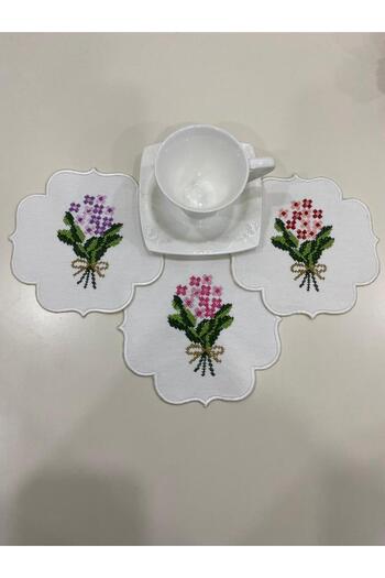İNCİ ÇEYİZ 3 Pieces Canvas Flower Bouquet Patterned Embroidered Coffee Side Cocktail Napkin & Coasters