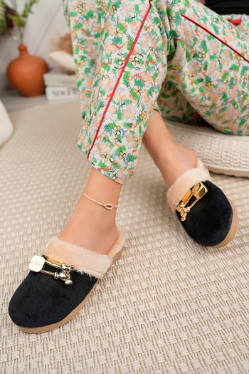 Modafırsat Winter House Slippers Black Plush Woolen Women's Slippers Guest Dowry Bundle Bridal Slippers