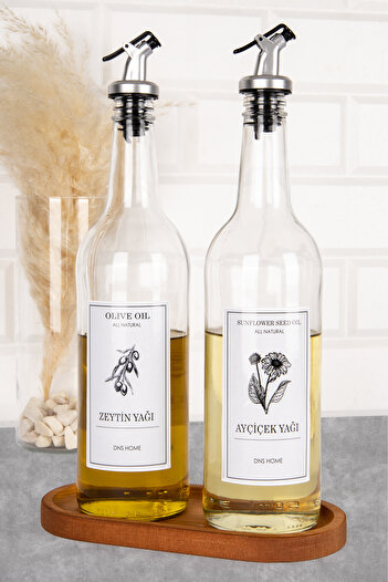 DNS HOME Set of 2 Glass Oil Pots with Wooden Stand Olive Oil Sunflower Oil Bottle Oil Pot 750 ml
