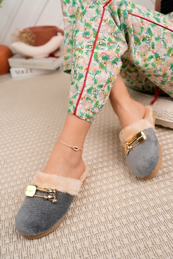 Modafırsat Winter House Slippers Gray Plush Woolen Women's Slippers Guest Dowry Bundle Bridal Slippers
