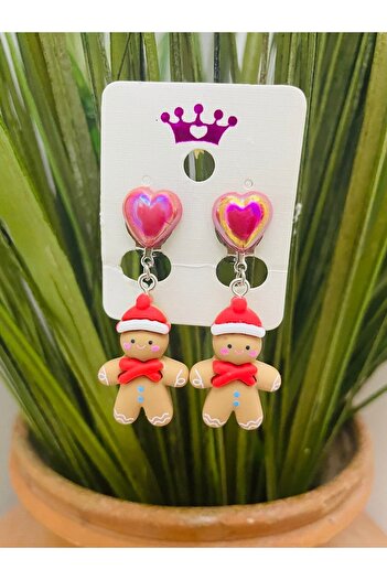 1PARÇAMAVİ Gingerbread Man with Heart Clip Children's Earrings - Non-perforated Earrings