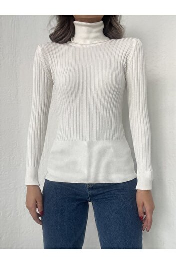 Erşan Giyim Ribbed Turtleneck Lycra Sweater Ecru