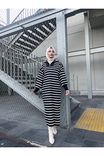 Arden Scarf Ριγέ Πλεκτό Φόρεμα με φερμουάρ Μαύρο