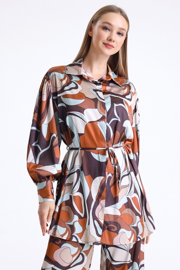 MD trend Women's Geometric Patterned Belted Wide Leg Trousers and Balloon Sleeve Tunic Bottom-Top Satin Set