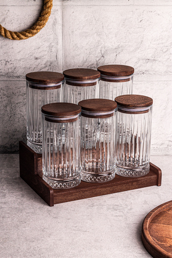 Snippy Mira 7-Piece Wooden Vacuum Glass Spice Rack Set with Lid and Stand 450 ML Multi-Purpose Storage Container