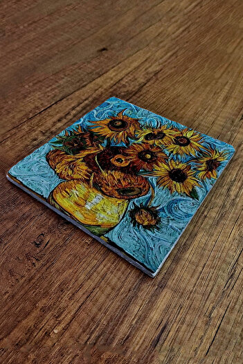 Begoloni Stone Decor Van Gogh Artifact Printed Natural Stone Trivet - 20X20Cm, Teapot and Pot Pan Base