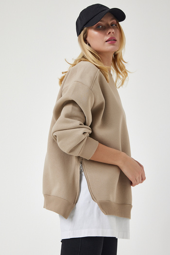 Happiness İstanbul Kadın Vizon Fermuar Detaylı Şardonlu Örme Sweatshirt UB00148