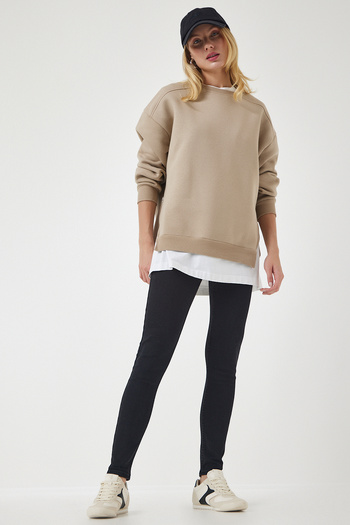 Happiness İstanbul Kadın Vizon Fermuar Detaylı Şardonlu Örme Sweatshirt UB00148