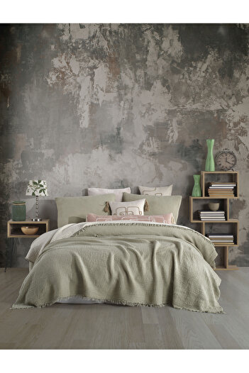 destinyhometex Adayeşili Çift Kişilik 230x240cm Yatak Örtüsü/2 Adet 50x70cm Yastık 4 Katlı Multi Muslin %100 Pamuk
