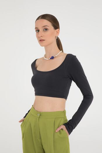 SHEISMONO Smoked Cotton Short Blouse - Oval Neck