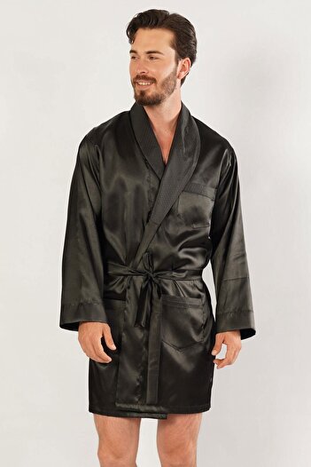 C&City Men's Satin Dressing Gown Black