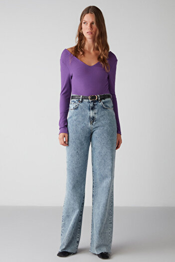 GRIMELANGE Felıccia Women's Knitwear Look Fabric, Wide Ribbed, Flexible Texture, Purple Body with Six Snaps