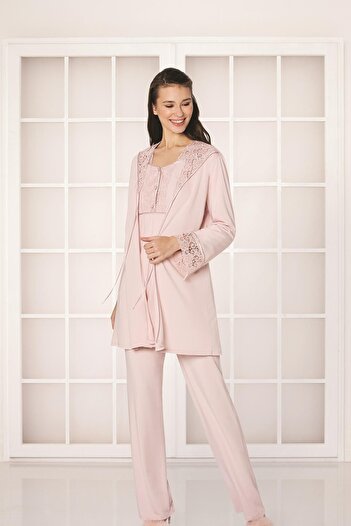 Pierre Cardin Güpürlü Penye 3'lü Lohusa Pijama Takımı - 3050 Pudra