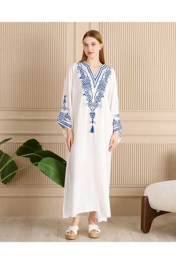 Eceyaman moda women's white blue sleeves and collar embroidery detailed dress