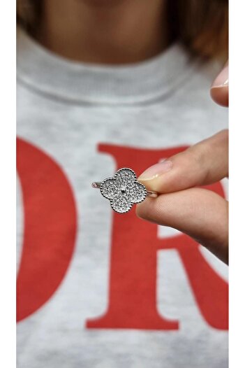 MorMajor Silver İTHAL YONCA CLOVER TAŞLI BEYAZ GÜMÜŞ YÜZÜK