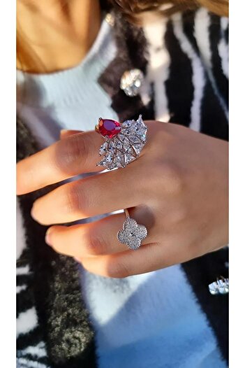 MorMajor Silver İTHAL YONCA CLOVER TAŞLI BEYAZ GÜMÜŞ YÜZÜK