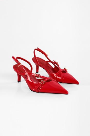 Shoeberry Women's Lover Red Patent Leather Belted Buckle Pointed Stiletto