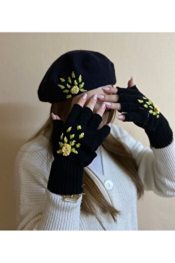 sema aksesuar Handmade Black Pearl Floral Embroidered French Painter Beret and Gloves Set