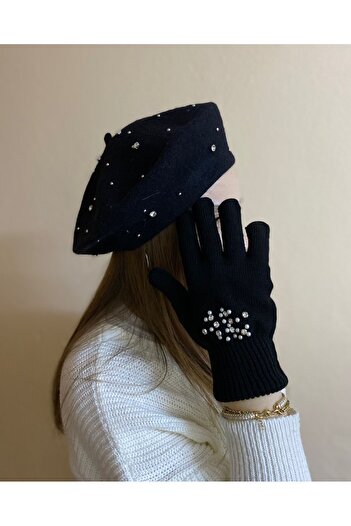 sema aksesuar Black Zircon Stoned Wool Painter Beret and Gloves Set - Design - Valentine's Day Gift