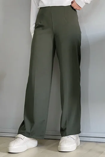 InStyle Wide Leg Elastic Waist Trousers - Khaki