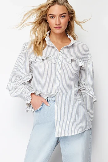 Trendyol Collection Ecru Striped Ruffle Detailed Muslin Woven Shirt TWOSS24GO00081