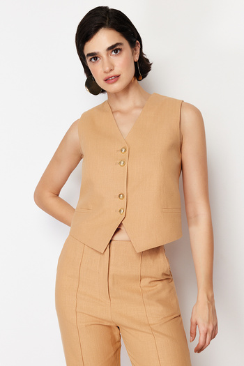 Trendyol Collection Camel Regular Premium Button Detailed Woven Linen Look Vest TWOSS24YE00031
