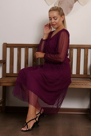 zks grup tekstil Purple Polka Dot V-Neck Tulle Plus Size Dress