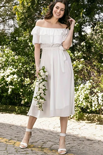 zks grup tekstil Madonna White Chiffon Dress - Ruffle Collar, Plus Size